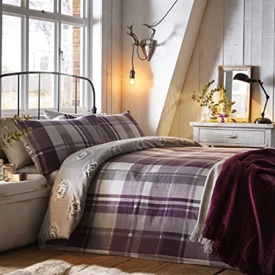 Afbeelding van Dreams &amp; Drapes Plum geruit egel dekbedovertrek 260 x 220 cm 2 kussenslopen 100% zacht geborsteld katoen omkeerbaar design paars flanellen beddengoed met egels