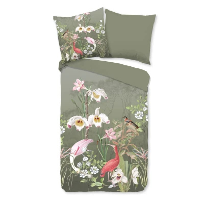 Afbeelding van Dekbedovertrek 155x220 cm Bloemen en Vogels Print Groen 1 Persoons 100% Katoen Oeko Tex Gecertificeerd