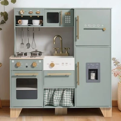 Afbeelding van ROBUD houten speelkeuken voor kinderen en peuters, hoekspeelkeuken met koelkast, ijsblokjesmachine, koffiezetapparaat, citruspers, oven, vaatwasser, magnetron,