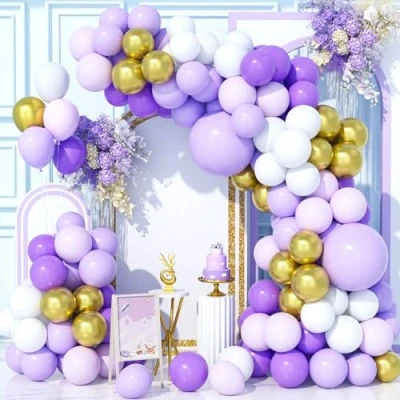 Afbeelding van Teselife 150 stuks paarse ballonnenboogset, donkerpaars, wit, goud, metallic, voor verjaardag, babyshower, bruiloft, carnaval, feestdecoraties