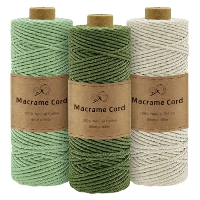 Afbeelding van Gemtte 3 rollen macramégaren, 2 mm x 100 m, gekleurd macramégaren voor wanddecoratie, natuurlijk katoen, knutselen, breien, boho decoratie