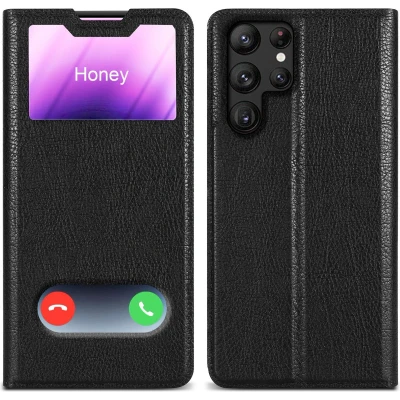 Afbeelding van Cadorabo Hoesje geschikt voor Samsung Galaxy S22 ULTRA in KOMEET ZWART Beschermhoes met magnetische sluiting, standfunctie en 2 kijkvensters Book Case Cover Etui