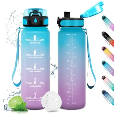 Image de bouteille d&#039;eau de gymnastique sans fuite, avec filtre, indicateur temps motivation, réutilisable, pour enfants, sport, fitness, cyclisme