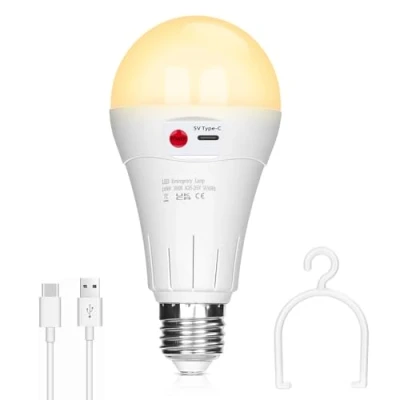 Afbeelding van USB oplaadbare gloeilamp, 10 W, E27 ledlampen, knopbediening, dimbaar, 2000 mAh batterijlamp met haak voor noodverlichting binnen en buiten (warm wit, 1 verpakking)