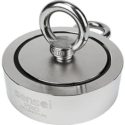 Afbeelding van Sensei magneet 350 kg, dubbelzijdige neodymium N52 met oog aan boven en zijkant, Ø 9,4 x H 2,8 cm, zeer sterke voor thuis, werkplaats, watervissen