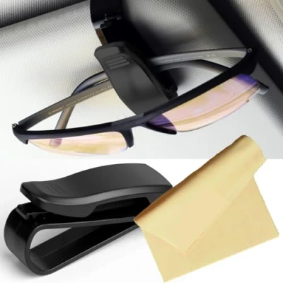 Afbeelding van Originele autobrilhouder voor zonneklep + brillendoek 1 x clip zwart mat houder bril auto gadget interieur nuttig accessoires dames / heren brilhouder