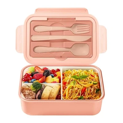 Image de Diboniur boîte à déjeuner, lunch avec couverts, 1400 ml Schiscetta déjeuner Bento Box 3 compartiments pour salle manger, bureau micro ondes (rose)