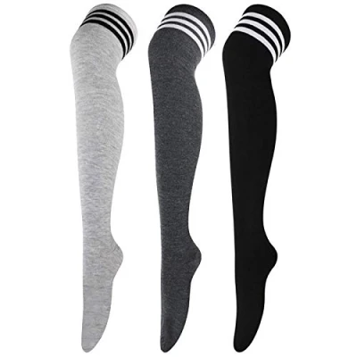 Afbeelding van DRESHOW 3 paar kniekousen hoge beenwarmers voor meisjes en vrouwen, B: zwart/donkergrijs/lichtgrijs