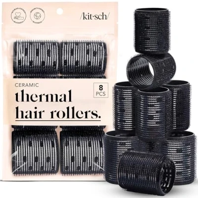 Image de Kitsch lot de 8 bigoudis thermiques en céramique Noir (tige, 3,8 cm, 5,7 céramique, auto agrippant, pour cheveux longs, volume, tailles assorties, 8)