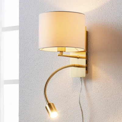 Afbeelding van Lindby Wandlamp 1licht Stof, metaal H: 23.5 cm E14 wit, mat messing
