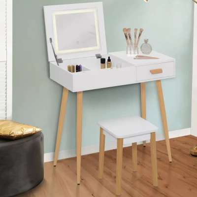 Image de Coiffeuse scandinave LISA blanche miroir rabattable LED et tabouret