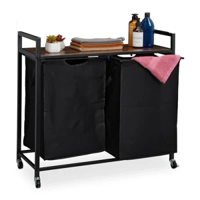 Afbeelding van Relaxdays dubbele wasmand zwarte wassorteerder verrijdbaar grote wasbox op wielen