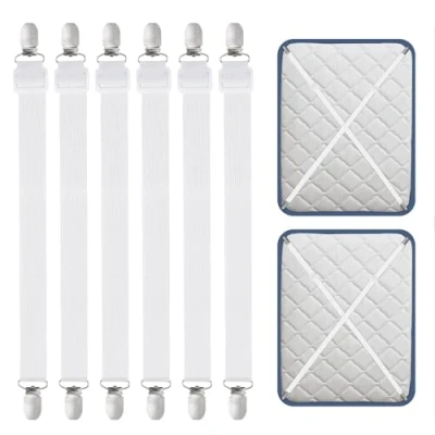 Afbeelding van Carehabi Set van 6 verstelbare witte elastische lakenspanners 55 tot 250 cm voor beddengoed, matrassen, strijkplank of bank