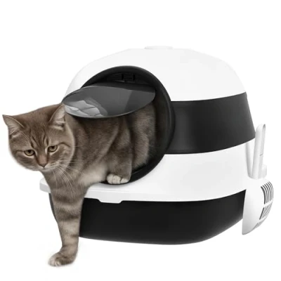 Afbeelding van PawHut Bac à litière pliable pour chat avec couvercle, désodorisant, grille de fond et pelle litière, spacieuse chat, blanc + noir, 52 x 41 38 cm