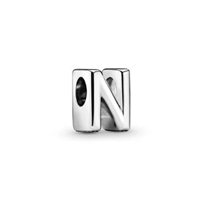Afbeelding van PANDORA Moments Buchstabe N Bruikbare alfabet bedel van Sterling zilver met gegraveerde harten en parels aan de achterkant compatibel armbanden collectie, zilver, Geen
