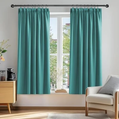 Afbeelding van Deconovo Set van 2 gordijnen voor kinderkamer, woonkamer, plooiband, verduisteringsgordijn, balkon, decoratie, restaurant, raam, keuken, turquoise, 117 x 138 cm