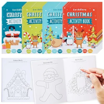 Afbeelding van THE TWIDDLERS 24 mini kerstactiviteitenboeken voor kinderen kleurboeken, punt tot punt, puzzels verrassingszakjes, kerstsokken, adventskalender, geschenken