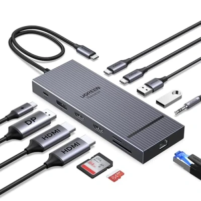 Afbeelding van UGREEN Revodok Pro 3121 Hub USB C Dual HDMI 4K60Hz en DisplayPort 4K120Hz 12 in 1 Docking Station Triple Display met 10Gbps Data Poorten PD 100W Ethernet adapter SD kaart TF 3,5 mm