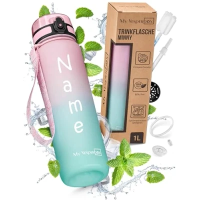 Afbeelding van My Vesperbox Minny Gourde anti fuite pour enfant, 1 l, avec paille ou passoire, bouteille d&#039;eau légère en Tritan, sans BPA, la maternelle, l&#039;école (rose, turquoise, l)