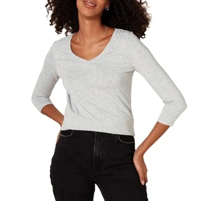 Image de Amazon Essentials T Shirt Col En v À Manches 3/4 Coupe Classique (Grandes Tailles Disponibles) Women&#039;s, Gris Clair Chiné, S