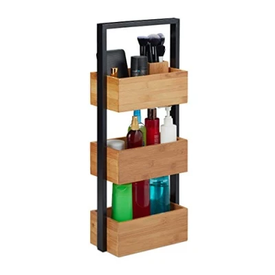 Afbeelding van Relaxdays badkamerrek bamboe 3 vakken staand rek metaal badkamer hout smal