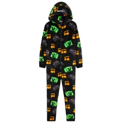 Afbeelding van Minecraft Fleece overall voor jongens, jongeren, pyjama met capuchon, nachtkleding kinderen, cadeau gamers, zwart/multi
