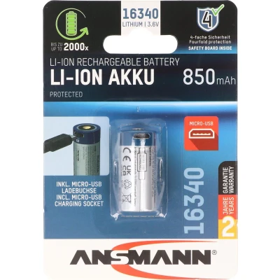 Afbeelding van Ansmann LiIon 16340 3.6V 850mAh met beveiligingsschakeling en micro USB ingang