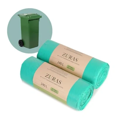 Afbeelding van ZURAS® 240 liter biologisch afbreekbare vuilniszakken 20 stuks op plantaardige basis, gecertificeerd en getest volgens DIN 13432, scheurvast waterdicht