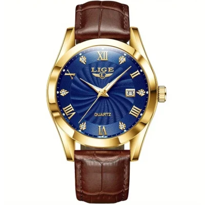 Afbeelding van Lige HerenHorloge Goud met Blauw (Lederen Band)