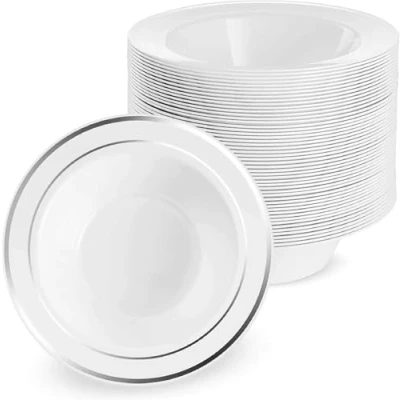 Afbeelding van MATANA 25 witte kunststof kommen met zilveren rand (360 ml) soepkommen, soepborden voor bruiloften, verjaardagen, doopfeesten, Kerstmis en feestjes robuust herbruikbaar