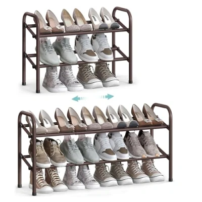 Afbeelding van SONGMICS schoenenrek, 2 niveaus, metalen rek, verstelbaar staande plank, hal, kast, entree, brons LMR029A01