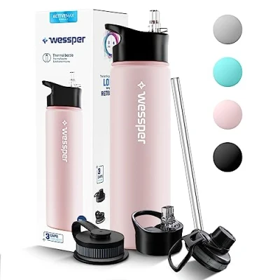 Afbeelding van Wessper Thermische drinkfles van roestvrij staal, 700 ml, lekvrij, thermosfles, BPA vrij, met 3 deksels, elegante roze sportfles, thermosfles voor kinderen, volwassenen, camping