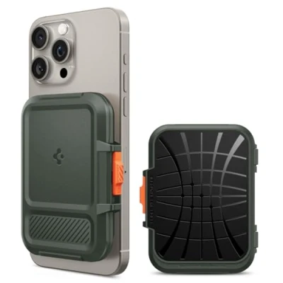 Afbeelding van Spigen Lock Fit MagFit Magnetische kaarthouder ontworpen voor Magsafe met kickstand, compatibel iPhone 16/15/14/13/12 Wallet modellen, legergroen