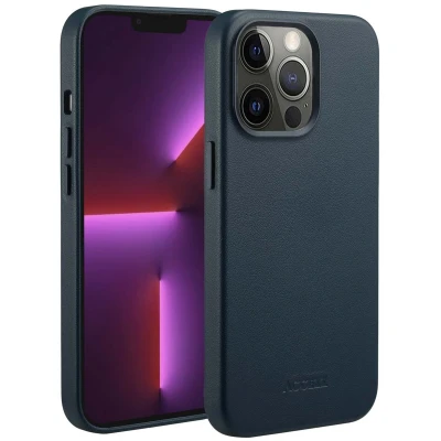 Afbeelding van Accezz Hoesje Geschikt voor iPhone 13 Pro MagSafe Leather Backcover donkerblauw