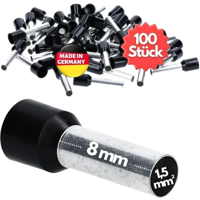 Afbeelding van 100 stuks Kalitec AE1508SWSB adereindhulzen geïsoleerd 1,5 mm² 8 mm lang zwart I Made in Germany Industriële kwaliteit