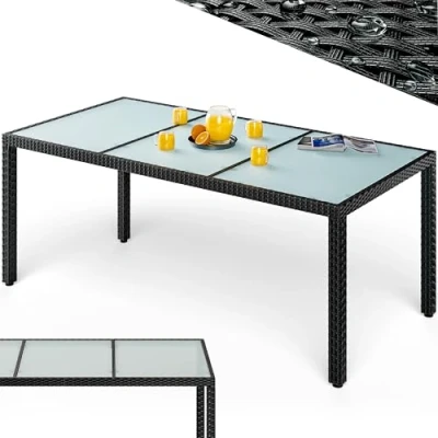 Afbeelding van Casaria® table de jardin résistante aux intempéries 190 x 90 75 cm en polyrotin réglable hauteur 5 mm Verre sécurité pour jardin, terrasse, à manger, extérieur Noir