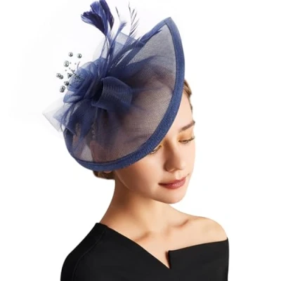 Afbeelding van DRESHOW Fascinator Hoeden Tea Party Hoed Vintage Pillendoos Hoofdband Cocktail voor Meisjes en Vrouwen, 1 stuk: 03 FM marineblauw