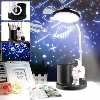 Afbeelding van Bureaulamp voor kinderen, sterrenhemelprojector, led bedlampje, 360 graden verstelbaar, zwanenhals, leeslicht, instelbare helderheid, met penhouder, tafellamp
