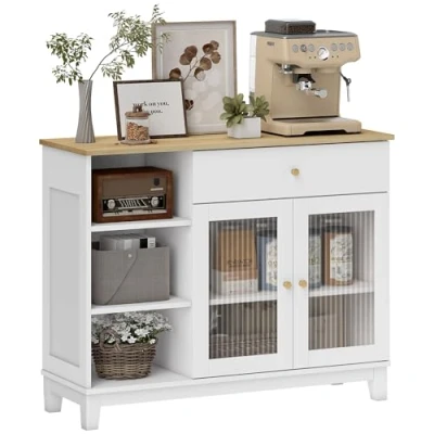Afbeelding van HOMCOM Dressoir voor woonkamer, opbergkast met deuren van geribbeld gehard glas, lade, 3 open vakken en verstelbare planken, dressoir, eetkamer 100 x 35 80,3 cm, wit