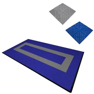Afbeelding van Modulaire geventileerde kliktegels 90 blauw en 30 grijs 3,2m x 6m, polypropyleen, antislip, weerbestendig, 5 ton per tegel, inclusief randen, ideaal voor garage werkplaatsen.