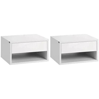Afbeelding van HOMCOM Set van 2 Nachtkastjes voor wandmontage, schuiflade, nis, dienblad, hout, afmetingen: 37 x 32 21 cm, wit