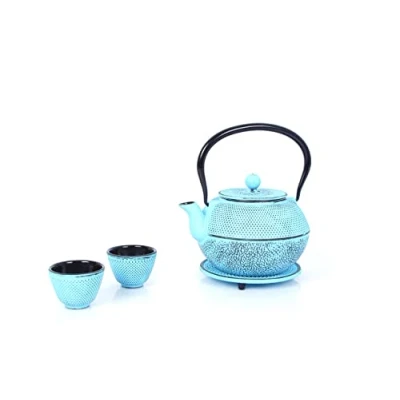 Afbeelding van Echtwerk Gietijzeren theeservies 1,1 liter met afneembare zeef, theepot onderzetter en 2 theekopjes, vintage voor het bereiden van losse thee, lichtblauw