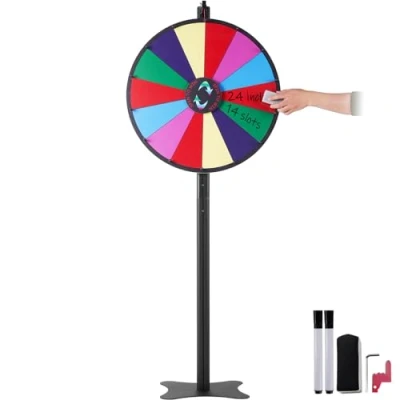 Image de VEVOR Roue de Loterie 601 mm, Fortune Effaçable à Sec 14 Emplacements, la Chance sur Table ou Pied, avec 2 Marqueurs, Rotation Douce et Équilibré Bingo Jeu, Jeu pour Fête Salon
