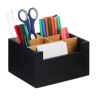 Afbeelding van Relaxdays Bureau organizer bamboe 5 compartimenten voor kantoorbenodigdheden en cosmetica pennenbakje h x d: 9,5 18 15 cm zwart