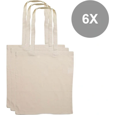 Afbeelding van 6x Katoenen Tas Basic Tote Bag stevige kwaliteit Naturel van kleur