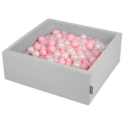 Afbeelding van KiddyMoon ballenbad 90x30cm/300 ballen ∅ 7cm met kleurrijke voor baby&#039;s kinderen vierkant, lichtgrijs:roze/parelmoer/transparant