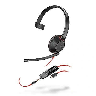Afbeelding van Poly Blackwire 5210 bedrade hoofdtelefoon (Plantronics), flexibele microfoon met ruisonderdrukkingsstof, uniek design, verbinding pc/Mac, mobiel via USB C, A of 3,5 mm, werkt teams, zoom