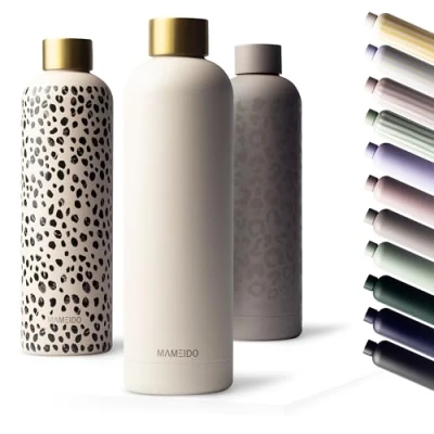 Afbeelding van MAMEIDO Ivory Thermosfles, 750 ml, beige goud, roestvrij staal, waterdicht, BPA vrij, houdt de kou tot 24 uur, warmte 12 sport, reizen, dames en heren