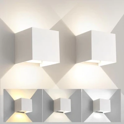 Afbeelding van Wandlamp voor buiten, binnen, verstelbaar, 3 kleuren, led, wandlamp, IP65, waterdicht, modern, wit, 15 W, vierkante aluminium instelling van de stralingshoek, 11 cm, 2 stuks