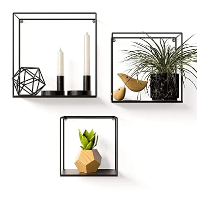 Afbeelding van Gadgy Wandrekken Industrieel Set van 3 Vierkant Wandrek Zwart Wanddecoratie Woonkamer Muurdecoratie Metaal Wandplank zwevend voor Slaapkamer 32, 27 en 22 cm